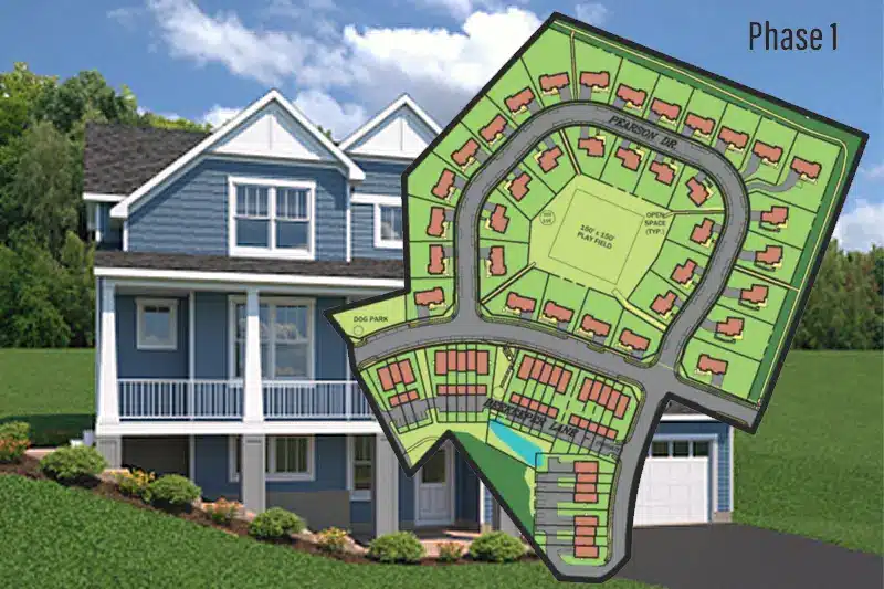 Site Map with a rendering of the style of house that will be built in Cloverly.